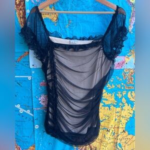 Boston Proper Black Sheer Ruffle Trim Top